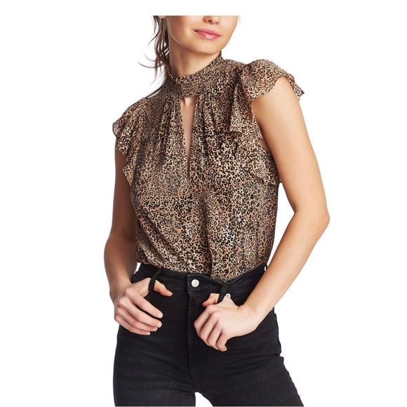 1 State Leopard Keyhole Mock Neck Blouse - Picture 4 of 10